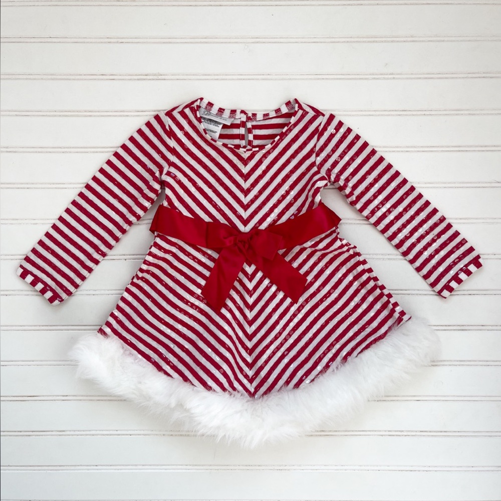 EUC Christmas Shimmery Sequin Striped Candy Cane Faux Fur Trimmed Party Dress
